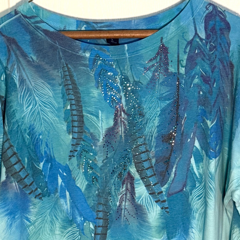 Westbound Blue Feather Print Women's Top size L - Picture 10 of 11